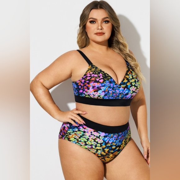 NEW NWT MeetCurve Plus Size V-Neck Neon Leopard Print Bikini Top & Bottom - Picture 4 of 7